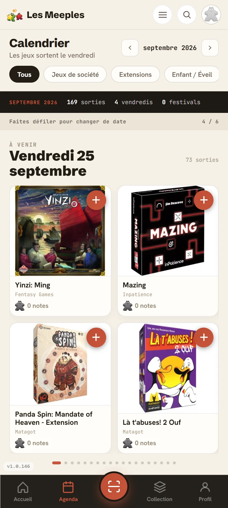 Calendrier des sorties dans l’application Les Meeples