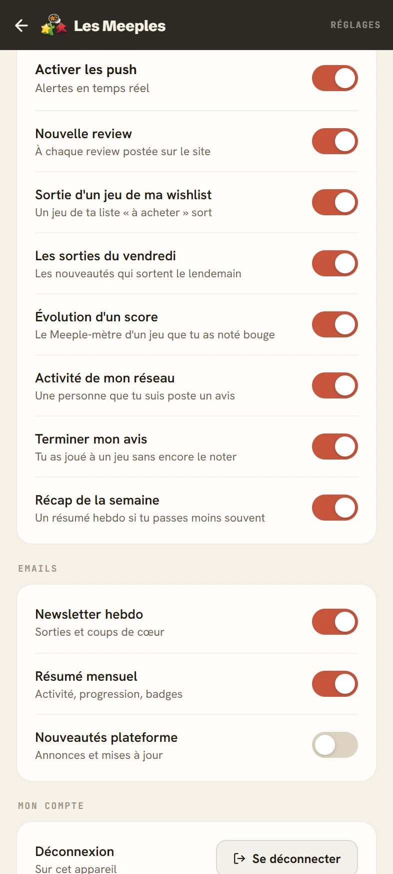 Réglages des notifications push de l’application Les Meeples